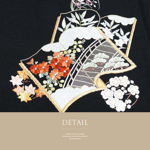 黒羽織 リサイクル 身丈77.5cm 裄64.4cm 袷 和本や花丸柄 刺繍 黒絵羽 ブラック Sサイズ フォーマル 正絹 Sランク