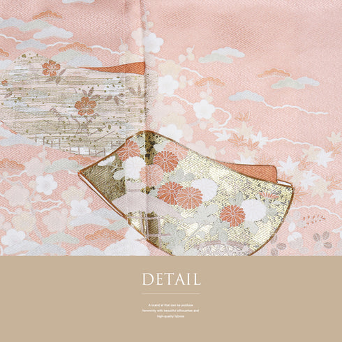 訪問着 リサイクル 身丈168.8cm 裄67.6cm 袷 花柄 金駒刺繍 ピンク LLサイズ セミフォーマル お洒落 正絹 広衿 Sランク