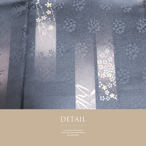 小紋 リサイクル 身丈165.7cm 裄66.4cm 袷 ぼかし短冊に草花柄 地紋 パールトーン加工 ブルー LLサイズ お洒落 カジュアル 正絹 広衿 Sランク