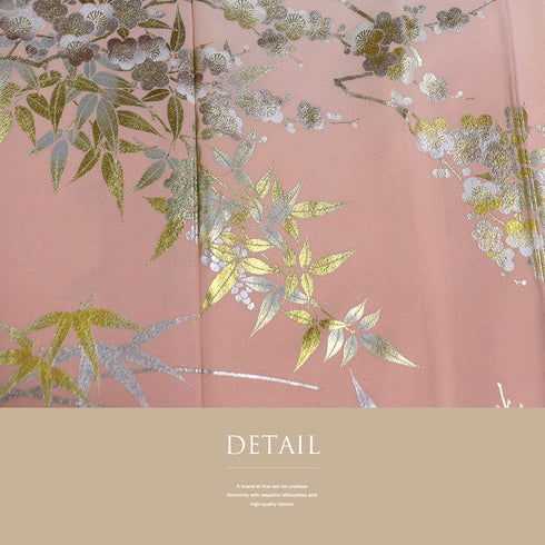 色留袖 リサイクル 身丈160.7cm 裄66cm 袷 金彩 松竹梅柄 南天柄 和田光正 ヒヨクなし ピンク Lサイズ セミフォーマル 落款 一つ紋 しつけ糸 正絹 広衿 Sランク