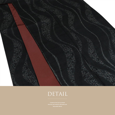 結城紬 リサイクル 身丈161cm 裄66cm 袷 曲線柄 ブラック Lサイズ お洒落 カジュアル 証紙 しつけ糸 正絹 広衿 新品・未使用品