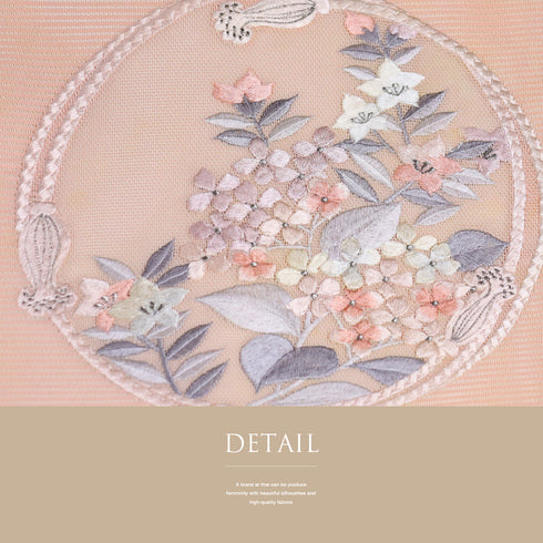 名古屋帯 リサイクル 帯丈352.5cm ポイント柄 組紐丸円に花柄 刺繍 夏物 ピンク Sサイズ 混合 新品・未使用品 お洒落