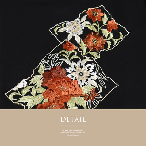 黒羽織 リサイクル 身丈77.5cm 裄62.8cm 袷 花柄 刺繍 ブラック Sサイズ フォーマル セミフォーマル 一つ紋 正絹 Sランク