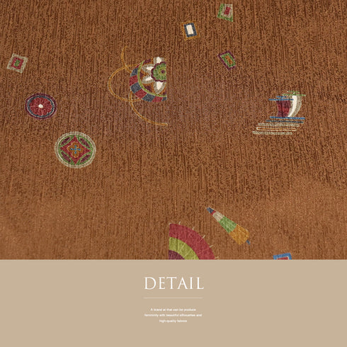 道中着 リサイクル 身丈104.5cm 裄67.2cm 袷 ロング丈 手毬や和傘柄 ブラウン Lサイズ お洒落 しつけ糸 正絹 未使用品