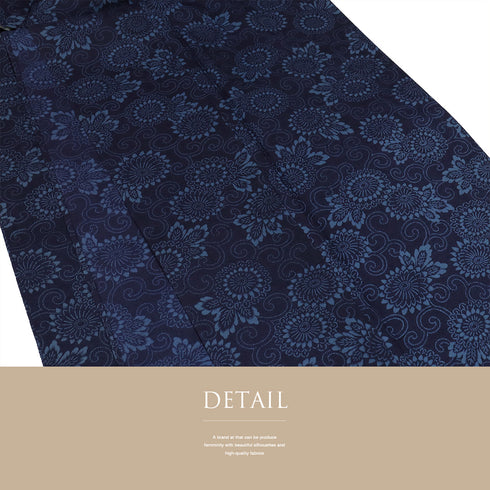 紬 リサイクル 身丈159.3cm 裄63.2cm 単衣 菊唐草模様 ネイビー Mサイズ カジュアル お洒落 正絹 広衿 Sランク