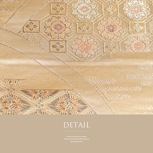 袋帯 リサイクル 帯丈426cm 六通 蜀江に流水やかすみ柄 プラチナ箔二重織 ゴールド Sサイズ 正絹 Sランク フォーマル セミフォーマル