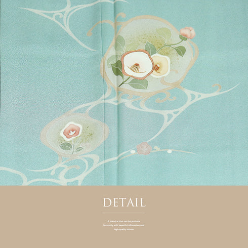 付下げ リサイクル 身丈158.5cm 裄64cm 袷 椿に梅や菊柄 金駒刺繍 箔 パールトーン加工 ブルー Mサイズ お洒落 正絹 広衿 Sランク
