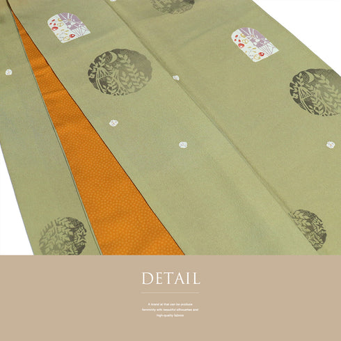 小紋 リサイクル 身丈161.5cm 裄67.6cm 袷 変わり丸柄 ゆったりサイズ グリーン Lサイズ お洒落 カジュアル ポリエステル 洗える着物 広衿 Aランク