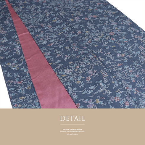 紬 リサイクル 身丈162cm 裄64cm 袷 染め紬 花と鳥柄 ブルー Lサイズ カジュアル お洒落 正絹 広衿 Sランク