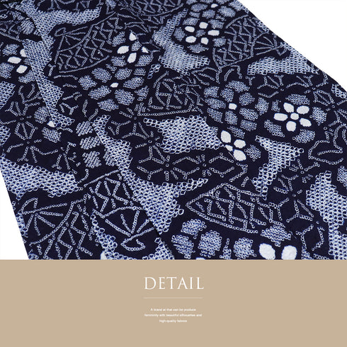 浴衣 リサイクル 夏着物 身丈150cm 裄60.5cm 夏物 絞り 扇子や花柄 ネイビー SSサイズ カジュアル 木綿 洗える着物 バチ衿 Sランク