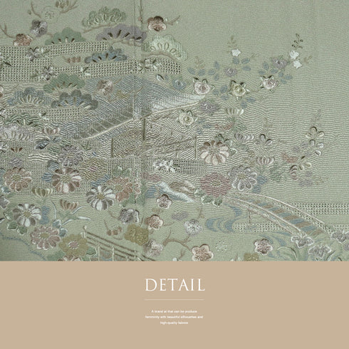 訪問着 リサイクル 身丈158.5cm 裄65.8cm 袷 風景柄 草花 汕頭刺繍 グリーン Mサイズ お洒落 セミフォーマル 正絹 広衿 Sランク
