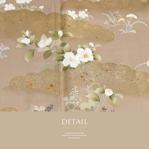 訪問着 リサイクル 身丈155.5cm 裄62.8cm 袷 花柄 雲取り柄 箔 刺繍 ブラウン Mサイズ お洒落 正絹 広衿 Sランク