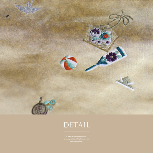 名古屋帯 リサイクル 帯丈367.5cm ポイント柄 絵馬 羽子板 兜 折り鶴 ゴールド Mサイズ 正絹 Sランク お洒落