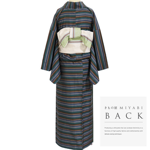 大島紬 リサイクル アンサンブル 2点セット 袷 証紙 Lサイズ Aランク ボーダー柄 カジュアル 道行コート丈89.5cm 身丈161.5cm 裄64.8cm 正絹 着物 AN-56