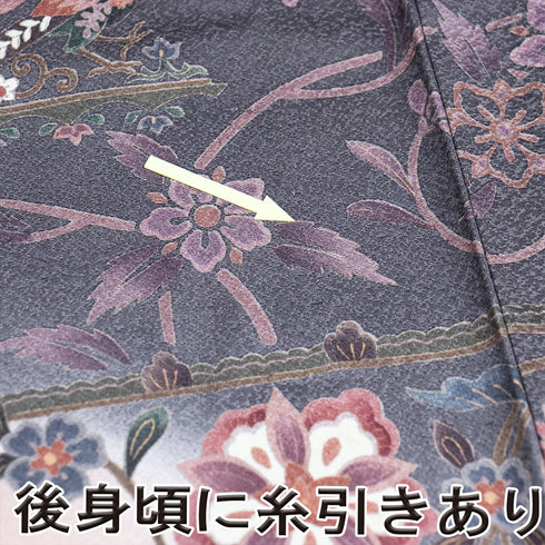 訪問着 リサイクル 身丈155.8cm 裄64.6cm 袷 更紗柄 グレー Mサイズ お洒落 正絹 広衿 Aランク