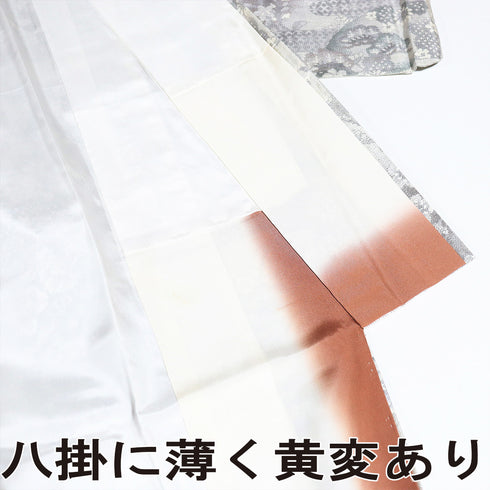 紬 リサイクル 身丈161.3cm 裄65.6cm 袷 地紙に松や花柄 麻の葉柄 グレー Lサイズ カジュアル しつけ糸 正絹 広衿 Sランク