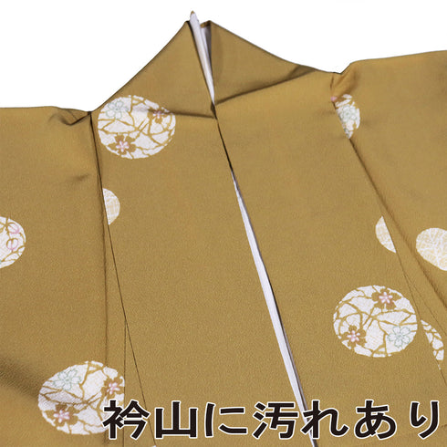 小紋 リサイクル 身丈157.6cm 裄66.4cm 袷 丸に花柄 イエロー Mサイズ お洒落 カジュアル 正絹 広衿 Aランク