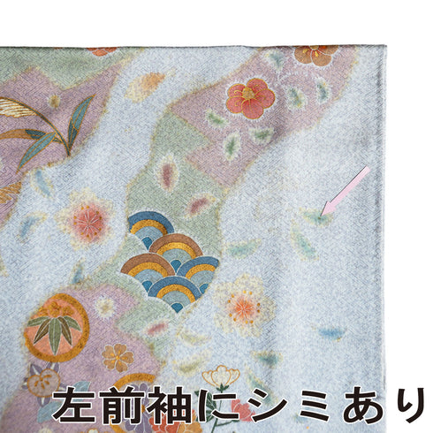 訪問着 リサイクル 身丈157.5cm 裄64.8cm 袷 道長取り 花柄 箔加工 ブルー Mサイズ セミフォーマル 正絹 広衿 Sランク