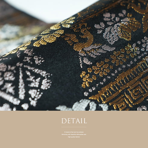 袋帯 リサイクル 帯丈436cm 六通 鴛鴦に鹿模様 ブラック Mサイズ 正絹 Sランク フォーマル