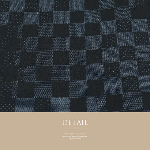 紬 リサイクル 身丈166cm 裄64.8cm 単衣 塩沢絣 市松柄 ネイビー LLサイズ お洒落 カジュアル 証紙 正絹 広衿 Sランク