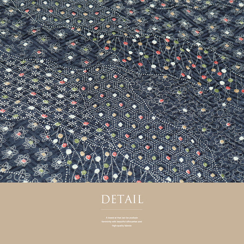 小紋 リサイクル 身丈158.5cm 裄62.4cm 袷 小花に道長取り模様 絞り ブルー Mサイズ お洒落 カジュアル しつけ糸 正絹 広衿 Sランク