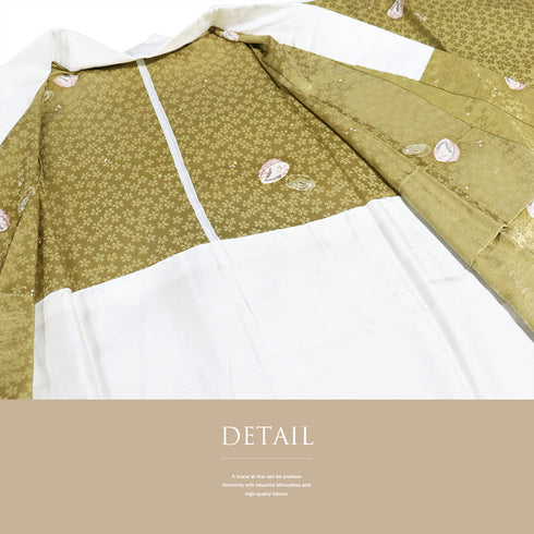 長襦袢 リサイクル 身丈128.8cm 裄66cm 袷 ぽっくりや桜柄 地紋 後身頃居敷当て付き イエロー Mサイズ お洒落 正絹 Sランク