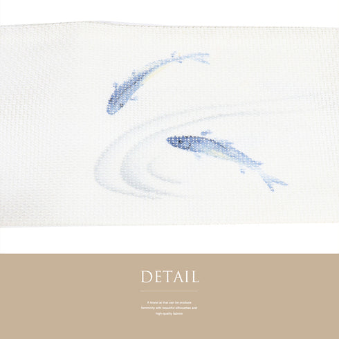 名古屋帯 リサイクル 帯丈367.5cm ポイント柄 夏用 魚柄 ホワイト Mサイズ 正絹 Aランク カジュアル