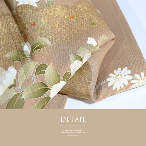 訪問着 リサイクル 身丈155.5cm 裄62.8cm 袷 花柄 雲取り柄 箔 刺繍 ブラウン Mサイズ お洒落 正絹 広衿 Sランク