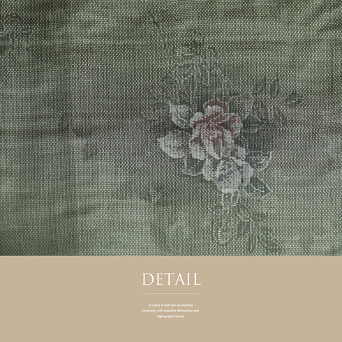 大島紬 リサイクル 身丈156.5cm 裄63.6cm 袷 花柄 グリーン Mサイズ お洒落 カジュアル しつけ糸 正絹 広衿 Sランク