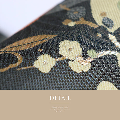 京袋帯 リサイクル 帯丈384cm 六通 楓や椿柄 ブラック Lサイズ ポリエステル Sランク お洒落 カジュアル