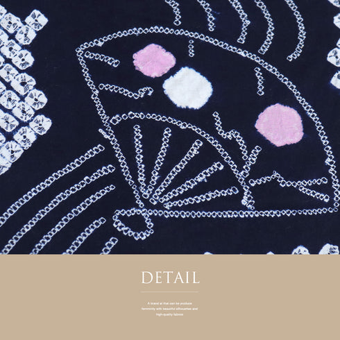 浴衣 リサイクル 夏着物 身丈149cm 裄62.5cm 夏物 絞り 扇子柄 ネイビー SSサイズ カジュアル 木綿 洗える着物 バチ衿 Sランク