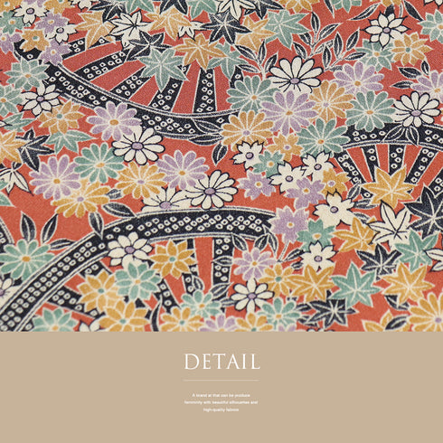 小紋 リサイクル 身丈157cm 裄64.6cm 袷 源氏車に菊柄 オレンジ Mサイズ お洒落 カジュアル しつけ糸 正絹 広衿 Sランク