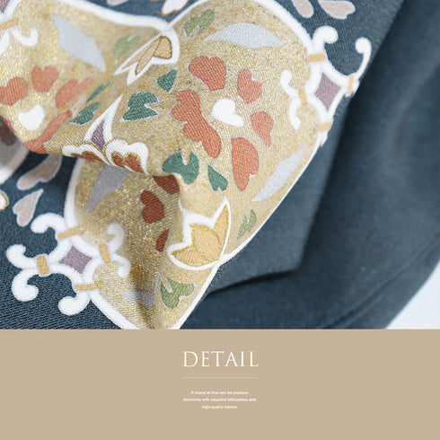 色留袖 リサイクル 身丈163cm 裄66.6cm 袷 華文に唐花柄 箔 金駒刺繍 ネイビー Lサイズ セミフォーマル 落款 一つ紋 正絹 広衿 Sランク