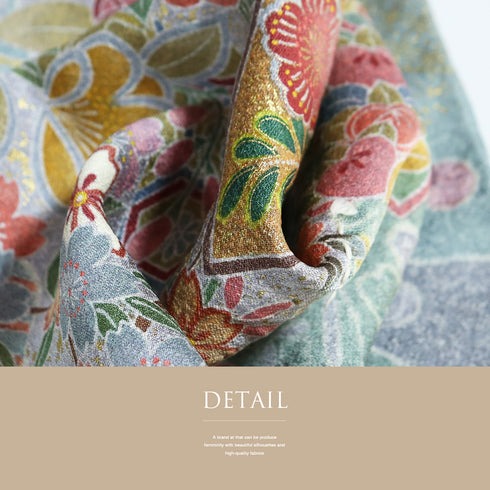 訪問着 リサイクル 身丈164.5cm 裄68.5cm 袷 道長雲取り 花柄 箔加工 絞り加工 ブルー Lサイズ セミフォーマル お洒落 正絹 広衿 Sランク