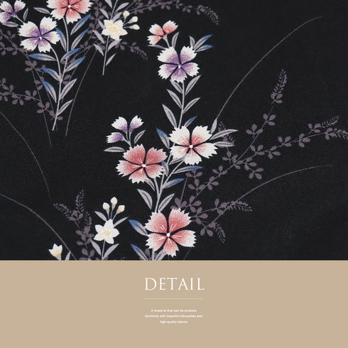 小紋 リサイクル 身丈165.8cm 裄67.5cm 袷 草花柄 既製品 ブラック LLサイズ お洒落 カジュアル ポリエステル 洗える着物 広衿 新品・未使用品