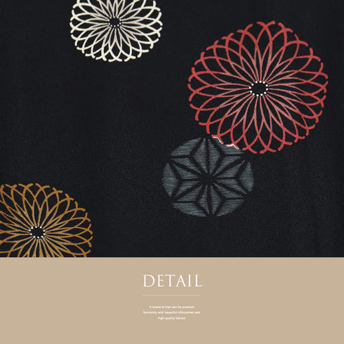 小紋 リサイクル 身丈167.7cm 裄69cm 袷 デザイン菊柄 丸に麻の葉柄 既製品 ブラック LLサイズ お洒落 カジュアル ポリエステル 洗える着物 広衿 Aランク