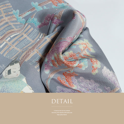 色留袖 リサイクル 身丈152.5cm 裄62cm 袷 童柄 松林柄 地引網風景 比翼付き グレー Sサイズ セミフォーマル 落款 三つ紋 正絹 広衿 Aランク