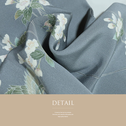 訪問着 リサイクル 身丈151cm 裄62.4cm 袷 花鳥柄 峰山 グレー Sサイズ お洒落 落款 正絹 広衿 Sランク