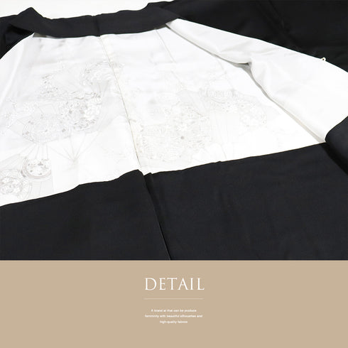 黒羽織 リサイクル 身丈81cm 裄65.2cm 袷 黒絵羽 帆船柄 相良刺繍 汕頭刺繍 ブラック Mサイズ フォーマル 一つ紋 正絹 Sランク
