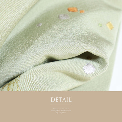 訪問着 リサイクル 身丈157.7cm 裄67.8cm 袷 山に霞模様 刺繍 箔 グリーン Mサイズ お洒落 セミフォーマル 正絹 広衿 Aランク