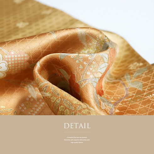 訪問着 リサイクル 身丈159.5cm 裄67cm 袷 文箱や枝垂れ花柄 地紋 金駒刺繍 ゆったりサイズ オレンジ Mサイズ セミフォーマル 正絹 広衿 Sランク