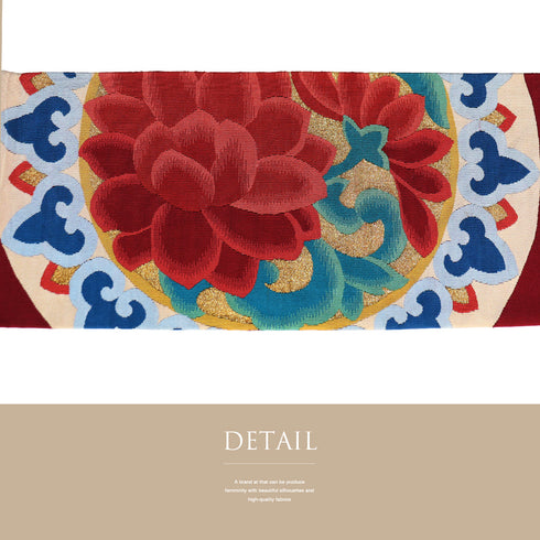 名古屋帯 リサイクル 帯丈334.8cm ポイント柄 牡丹柄 綴れ織り レッド SSサイズ 正絹 Aランク お洒落