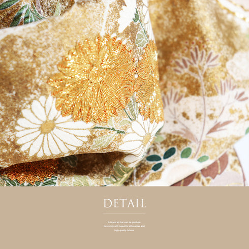 色留袖 リサイクル 身丈157.8cm 裄67.4cm 袷 波頭に四季花柄 金駒刺繍 ベージュ Mサイズ セミフォーマル 一つ紋 正絹 広衿 Aランク