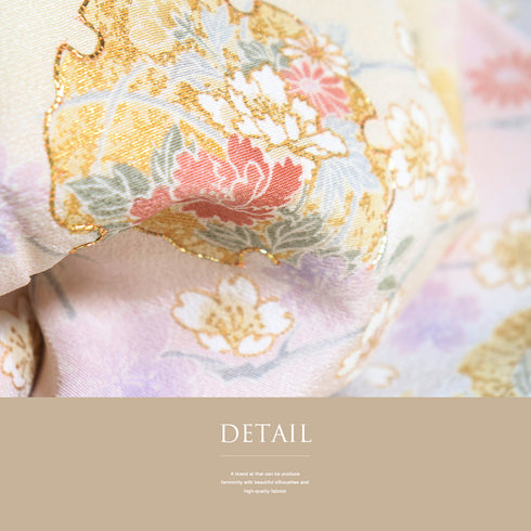 付下げ リサイクル 身丈165.3cm 裄66.4cm 袷 雪輪に枝垂れ桜柄 金駒刺繍 箔 ベージュ Lサイズ フォーマル セミフォーマル しつけ糸 正絹 広衿 Sランク