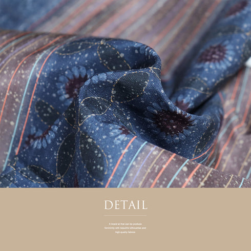 訪問着 リサイクル 身丈156.4cm 裄67cm 袷 紬 段染縞格子にデザイン花柄 染め ブルー Mサイズ お洒落 正絹 広衿 Aランク