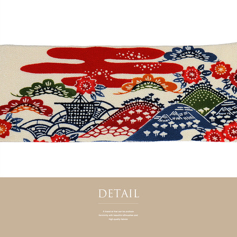 名古屋帯 リサイクル 帯丈347cm ポイント柄 花や風景柄 紅型 ちりめん ベージュ Sサイズ 正絹 未使用品 お洒落 カジュアル