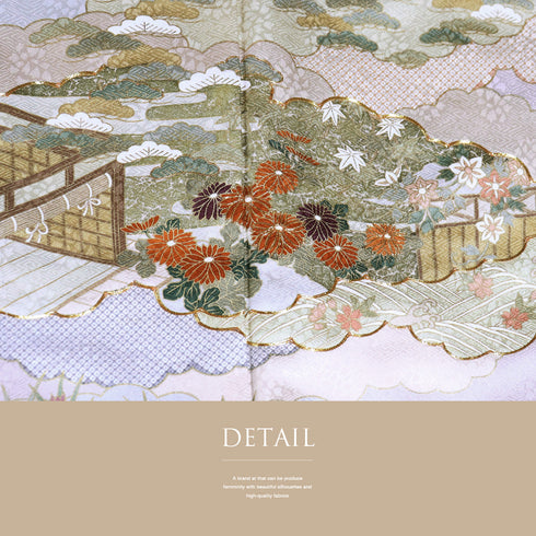 訪問着 リサイクル 身丈164.3cm 裄66.2cm 袷 雪取に松菊柄 箔 金駒刺繍 パープル Lサイズ セミフォーマル フォーマル 落款 しつけ糸 正絹 広衿 Sランク