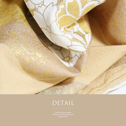 色留袖 リサイクル 身丈161.5cm 裄65.6cm 袷 本金箔 雲上花の宴 金駒刺繍 パールトーン加工済 ベージュ Lサイズ 落款 三つ紋 正絹 広衿 Aランク