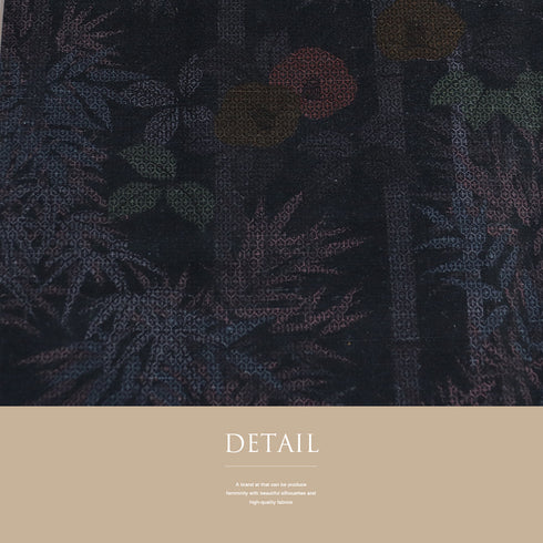 紬 リサイクル 身丈159.4cm 裄64.4cm 袷 染め紬 竹や椿柄 ネイビー Mサイズ お洒落 カジュアル しつけ糸 正絹 広衿 Sランク