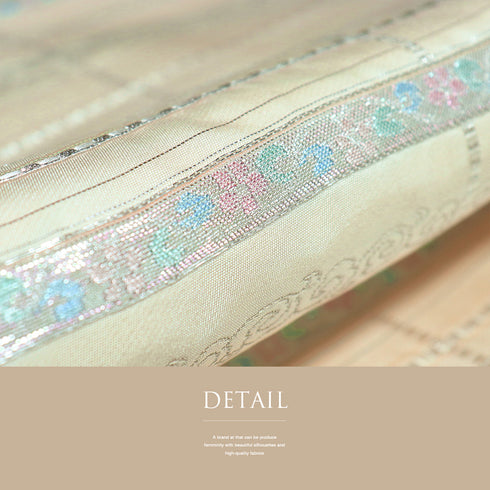 名古屋帯 リサイクル 帯丈340cm 六通 格子に花唐草模様 織り出し名古屋帯 ベージュ Sサイズ 正絹 Aランク お洒落